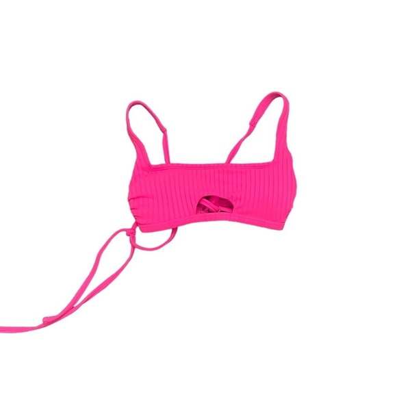 XHILARATION Bright Hot Pink Ribbed Square Neck Key Hole Cutout Summer Bikini Top - Picture 3 of 10